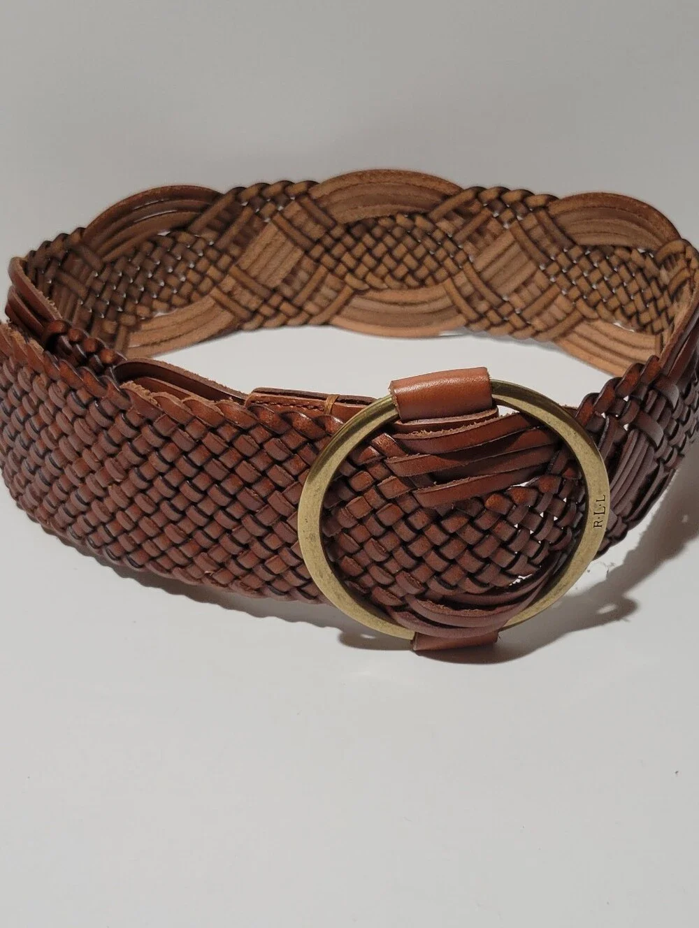 Vtg Ralph Lauren Woven Leather Wide Belt Engraved Brass Hardware Women's S